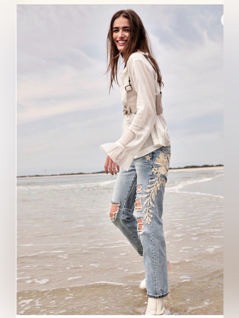 Free People Bren Embroidered Boyfriend Jeans, 24